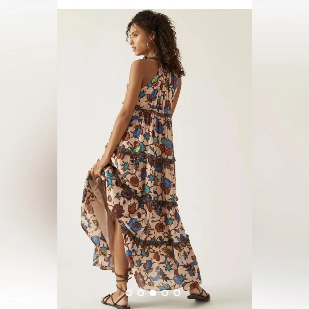 Anthro Love the label V-neck tiered ruffled maxi dress browns blues floral New S - Picture 2 of 16